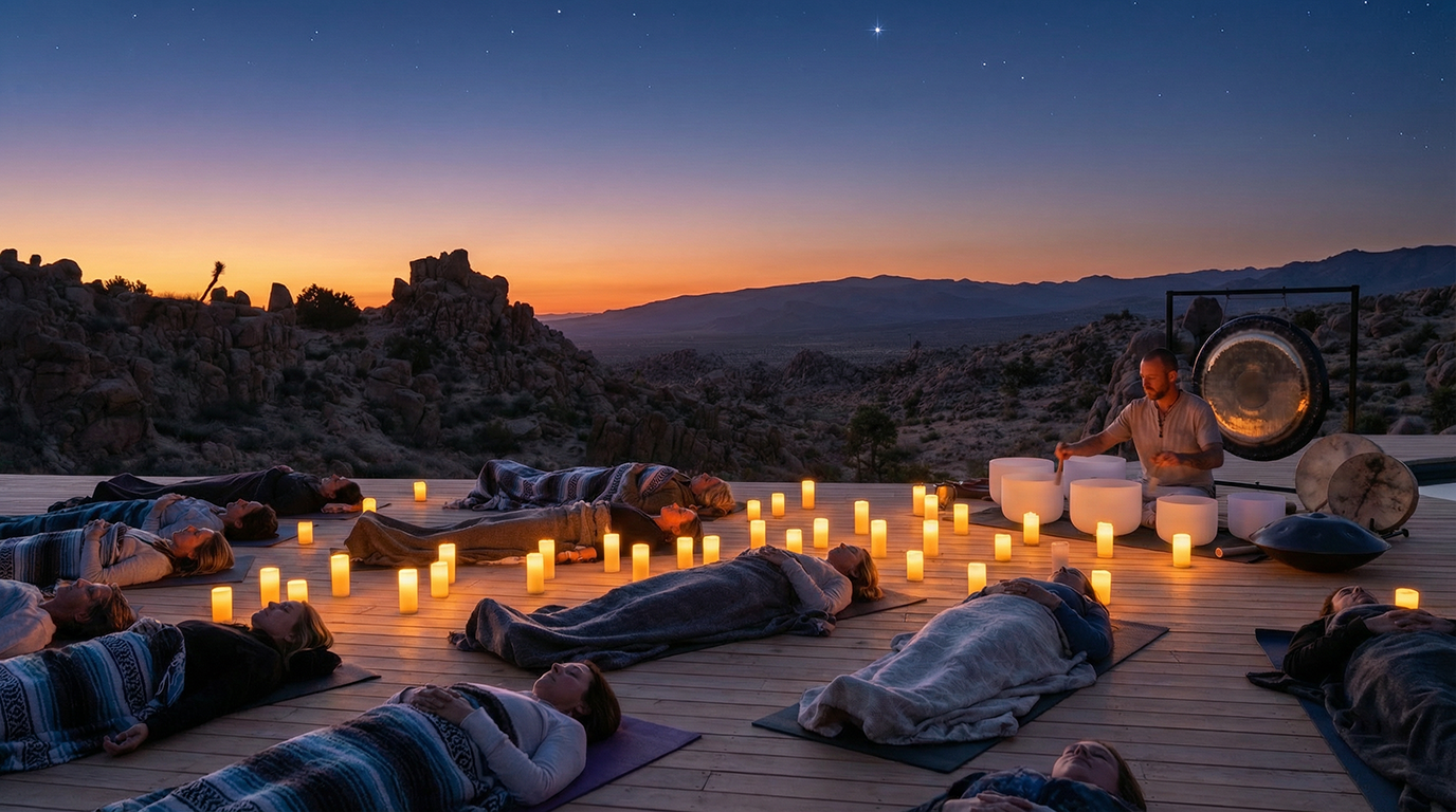 Firefly_Gemini Flash_Розмісти групу людей, які лежать на йога матах і насолоджуються sound bath. На задньо 129945 (1)